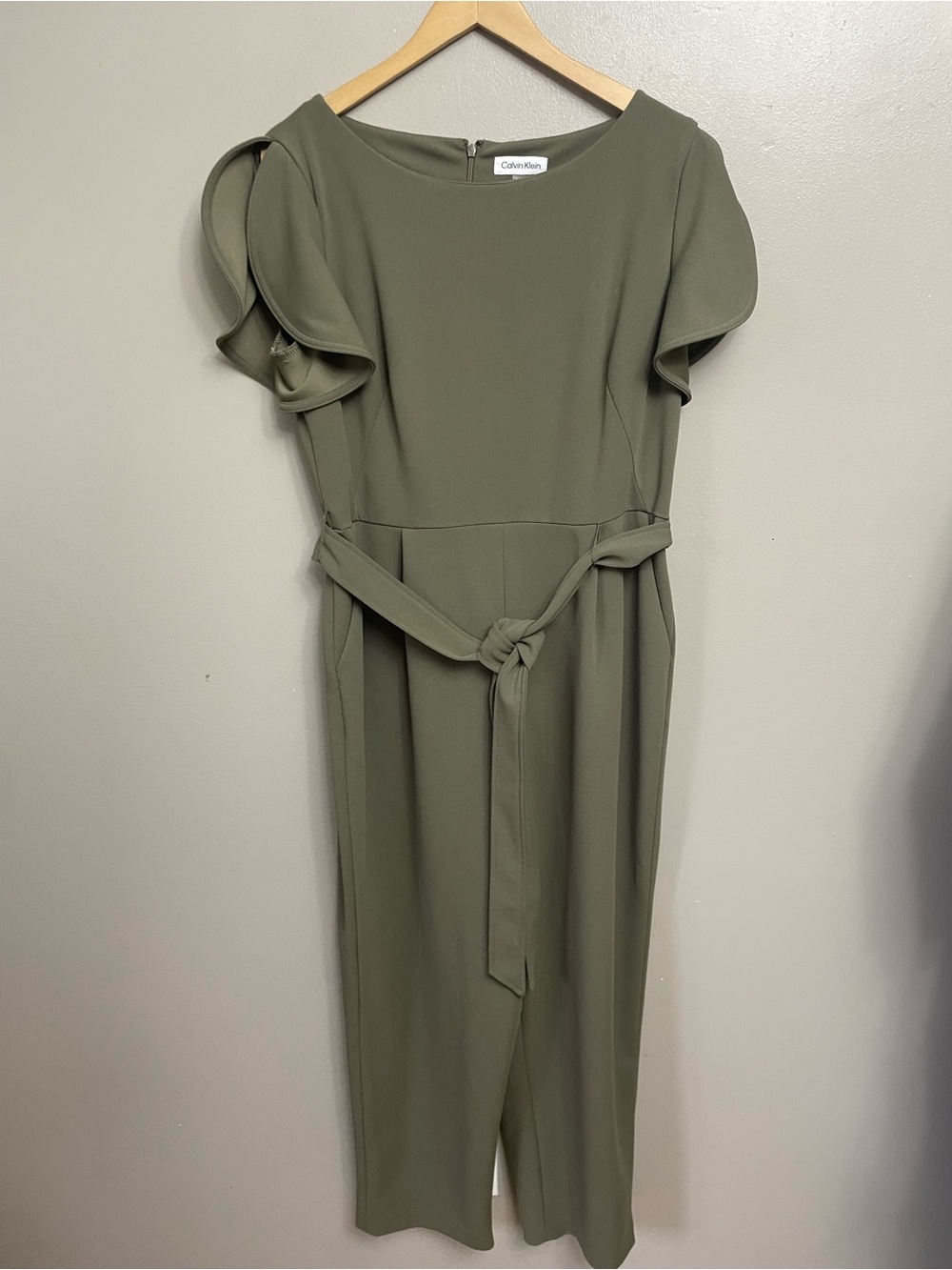 Calvin Klein Olive Green Short Sleeve Tie-Waist Jumpsuit size 14